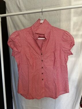 Hervé Bernard Red White Gingham Puff Sleeve Button Front Blouse Medium